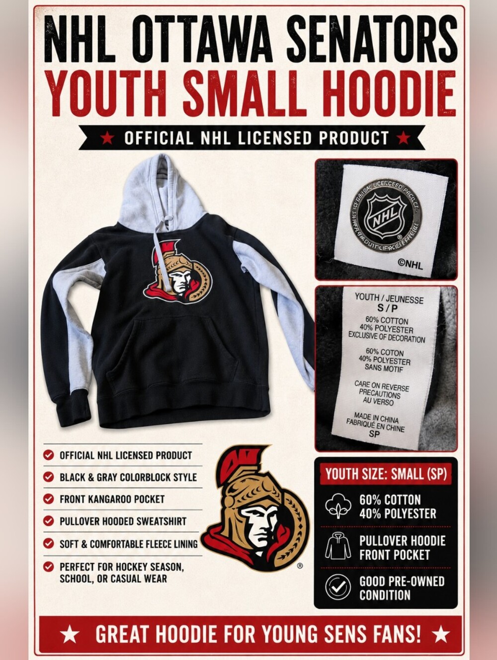 NHL Ottawa Senators Youth Small Pullover Hoodie Black Gray Hockey Sweatshirt